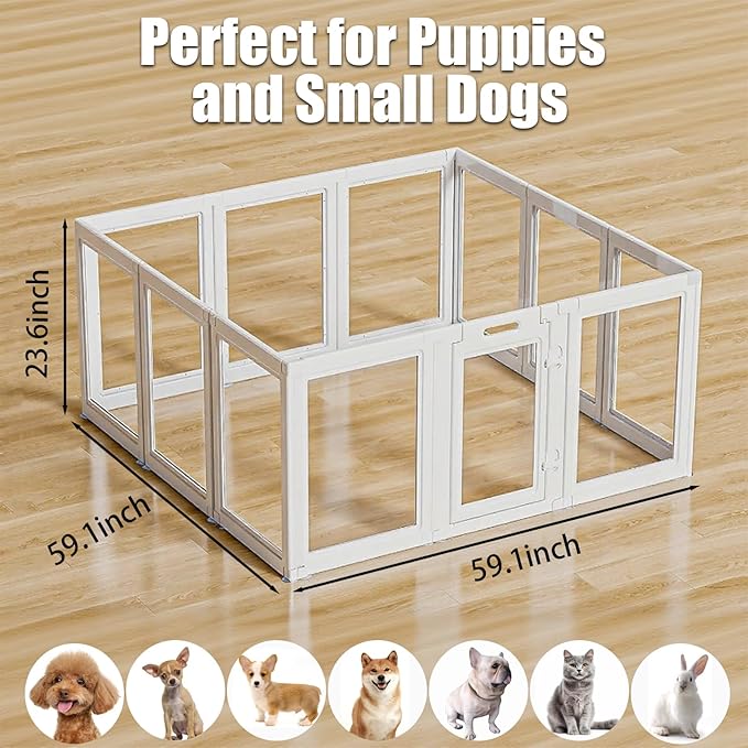Clear Acrylic Dog Playpen Transparent Dog Playpens Indoor, Small Pet Play Pen for Small Dogs, Puppies, Cats & Rabbits, Assemble & Disassemble, with Door & Suction Cups (23.6" H, 12PCS),White