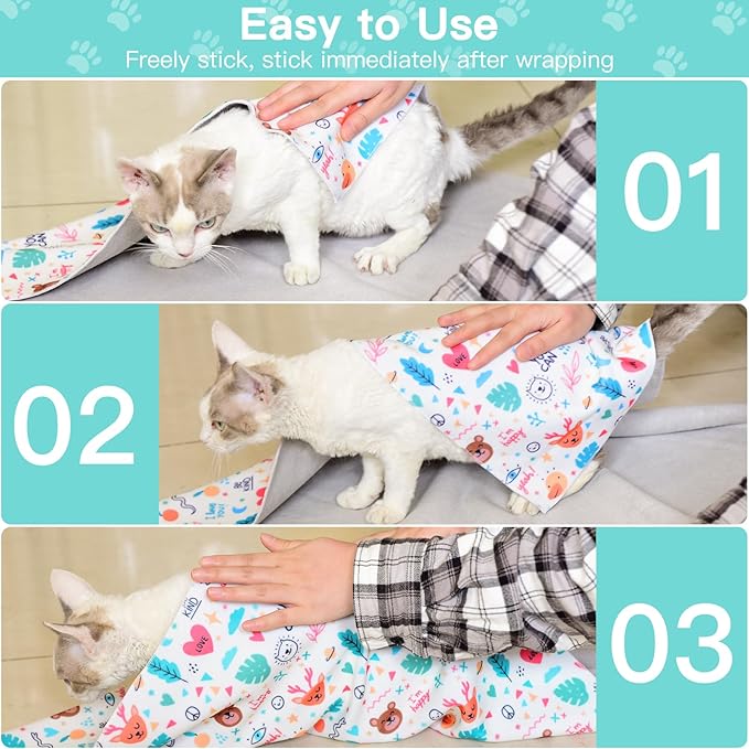 27.6" Cat Grooming Wrap, Cat Wrap for Cutting Nails, Self-Adherent Fabric Wrap for Cats, Burrito Wrap Anti-Scratch, Anti-Escape, Multifunctional Swaddle Wrap Pet Tool (Floral, X Large)