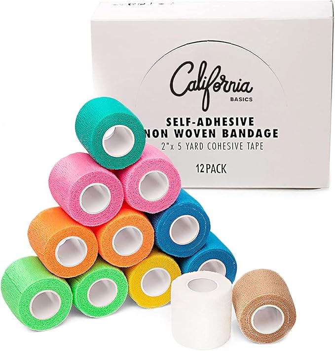 California Basics, Self Adhesive Bandage Wrap, 2 Inch by 5 Yards Non Woven Cohesive Bandage Rolls, 24 Pack, Vet/Stretch Wrap, Multi Colored Neon Medical Athletic Tape for Wrist, Waterproof