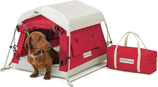 Dog Tent Cotton Fabric, Aluminum Poles and Camping Mat, Outdoor Weatherproof, Dog House Outdoor, Breathable with 2 Side Windows, Portable and Collapsible (Red, Small)