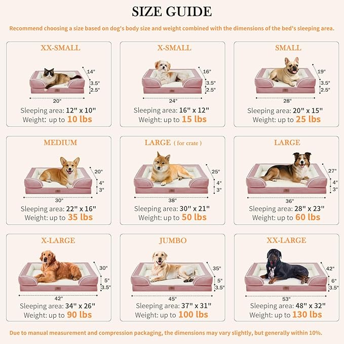 Comfort Expression Large Dog Beds Waterproof Orthopedic Foam Dog Sofa Beds Comfy Pet Bed with Washable Removable Cover & Non-Slip Bottom(Large,Pink)