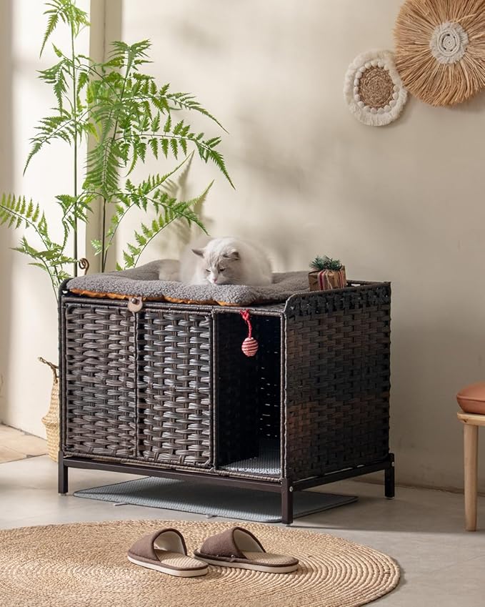 Cat Litter Box Enclosure Furniture with Divider, Handwoven Rattan Litter Box with Mat, 31.2 x 19.6 x 24.2 Inches, Metal Heightened Feet, Hidden Cat House for Living Room, Bedroom (Brown)
