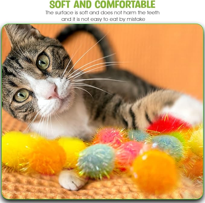 20 Pieces Mix Sizes Sparkle Pom Pom Balls for Cat - Interactive Glitter Balls, Multicolor, Best as Kitten Play Toys.