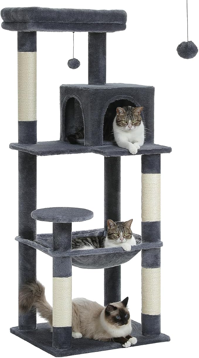 Cat Tree for Large Cats with Metal Plush Big Hammock, 56.3" Cat Tower for Indoor Cats with 2 Door Condo House, 6-Tier Cat Shelves with Scratching Posts and Large Top Perch, Dark Gray