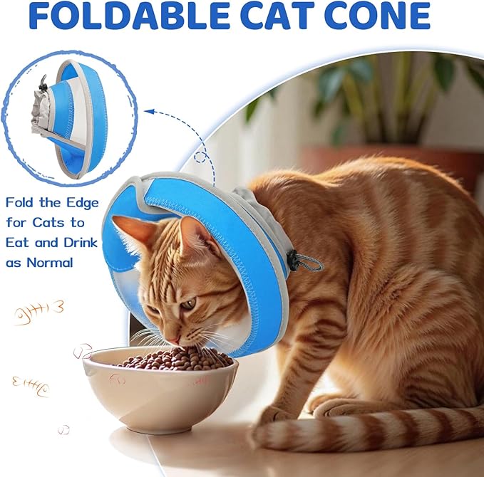 Breathable Air Mesh Cat Cone Collar Soft to Stop Licking, Adjustable, Foldable Lightweight Kitten Cones After Surgery Recovery for Cats & Kittens (Light Blue, S)