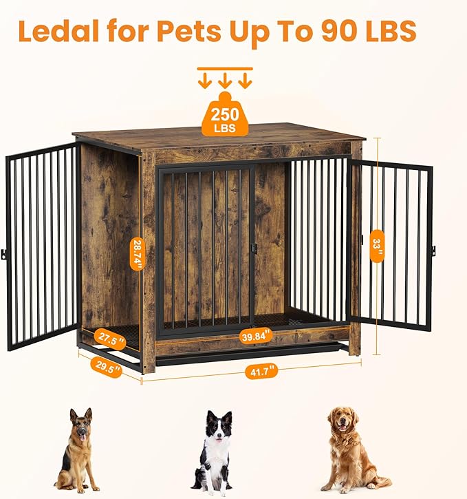 Dog Crate Furniture, Large Dog Crate Furniture, Wooden Cage Kennel Furniture Indoor, Modern Dog Crate with Multi-Purpose Removable Tray, Double-Doors Dog Furniture, Rustic Brown