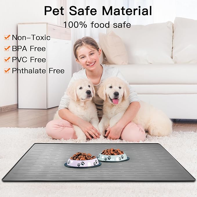 32" x 24" Large Pet Food Mat, Silicone Dog Mats for Food and Water, Nonslip Pet Feeding Mats for Floors,Dog Cat Bowl Mat with Raised Edges, Lake Blue