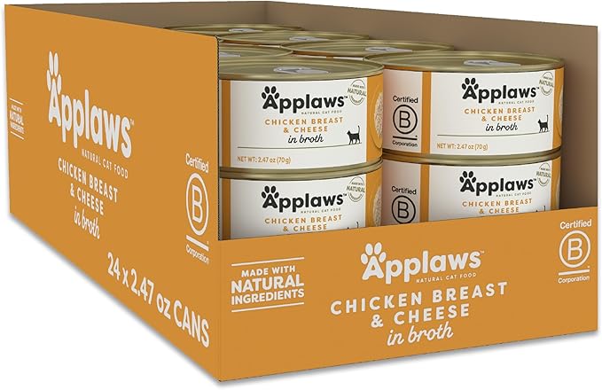 Applaws Wet Cat Food, 24 Count, Limited Ingredient Canned Wet Cat Food, Chicken Breast with Cheese in Broth, 2.47oz Cans