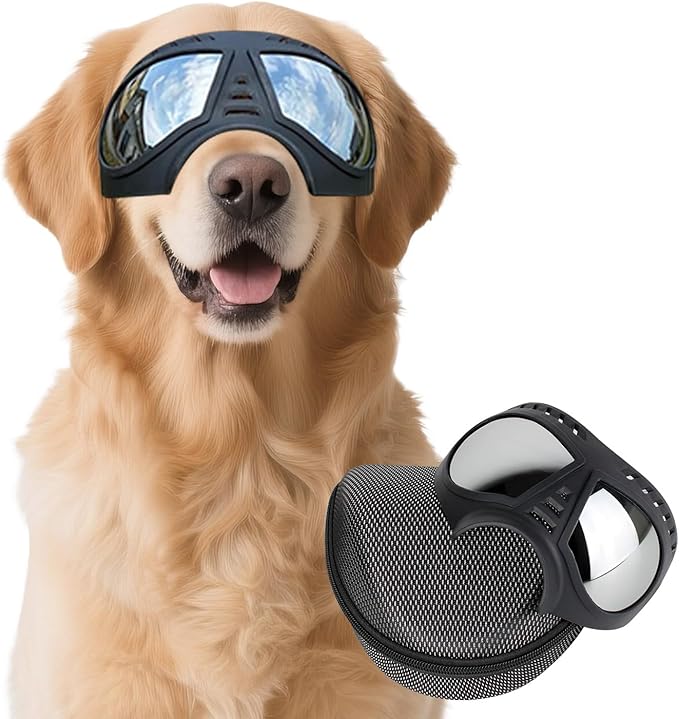 Dog Goggles Windproof for Medium-Large Breeds Dog Sunglasses Anti-UV with Adjustable Straps - Black