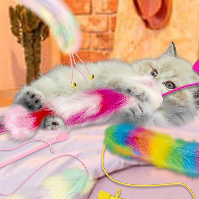 4 Pack Cat Wand Toy, Rainbow Cat Feather Toys with Bells, Teaser Wand with Soft Furry Tail, Interactive Toys for Indoor Cats & Kitten & Kitty