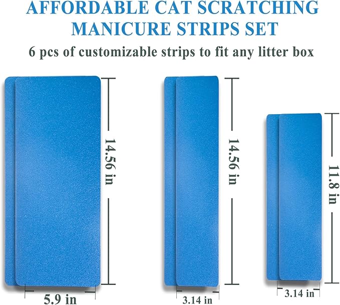 Cat Nail File Scratching Strips - 6 Pcs Cat Scratcher Liner for Litter Box, 3 Pairs Peel Stick Cat Strips in Different Sizes - Recommended for Litter Box Use (Blue)