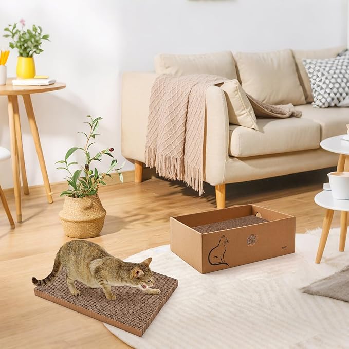 AUSCAT Cat Scratcher Box with 6PCS Cat Scratching Board, Cardboard Cat Scratchers for Indoor Cats, Reversible Cat Scratch Pads for Small Medium Kittens, 14.6" L x 10.9" W x 5.2" H