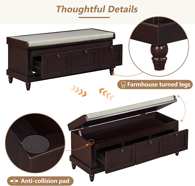 Classic Shoe Storage Bench with Cushion and Three Drawers, Fluted Entryway Bench with Storage for Entryway, Living Room, Hallways 44.0" L x 15.9" W x 18.9" H Espresso