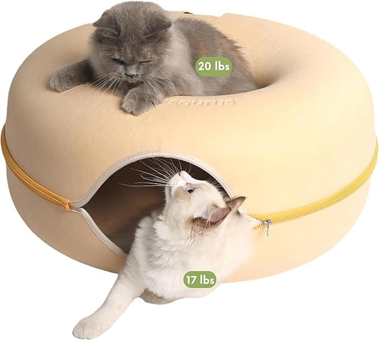 Cattasaurus Peekaboo Cat Cave for Multiple & Large Cats Up to 30-45 Lbs, Scratch Detachable & Washable Tunnel Bed, Comfy Donut Cat Cave (Pastel Macaron, Large)