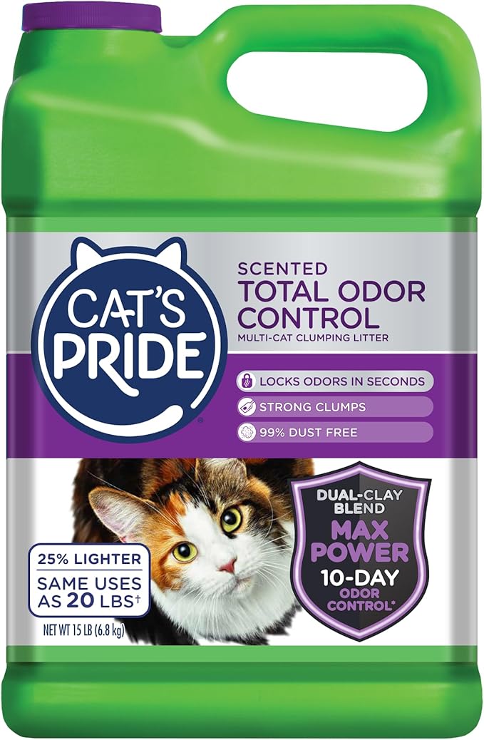 Cat's Pride Max Power: Total Odor Control - Up to 10 Days of Powerful Odor Control - Strong Clumping - 99% Dust Free - Multi-Cat Litter, Scented, 15 Pounds