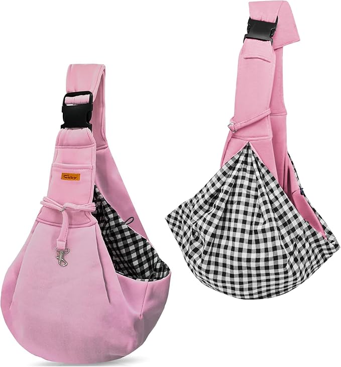 CUBY Dog and Cat Sling Carrier, Hands Free Reversible Pet Papoose Bag, Soft Pouch Adjustable, Suitable for Puppy Cats for Outdoor Travel (Pink, M-Adjustable Strap)