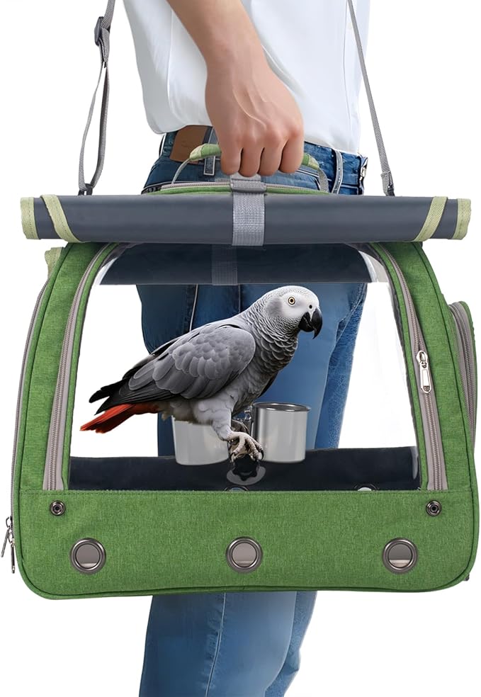 Bird Carrier Parrot Travel Cage with Perch, Food Bowl, Tray and Breathable Clear Window, Bird Travel Bag for African Gray Cockatiel Caique Conure Quaker, for Vetting Camping Hiking (Green)