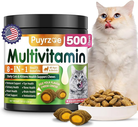 Cat Multivitamin - 500 Chews Crunchy & Creamy Cheese Core, Cat Vitamins + Taurine for 8-in-1 Support - Immune, Urinary, Heart, Skin & Coat, Eyes, Brain, Bone for Cats Kittens - Egg Yolk Flavor