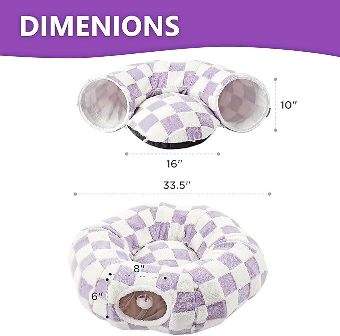 Cat Tunnel Bed with Washable Cushion for Indoor Cat, Donut Cave Tube Toys for Kitten Puppy Rabbit, Purple