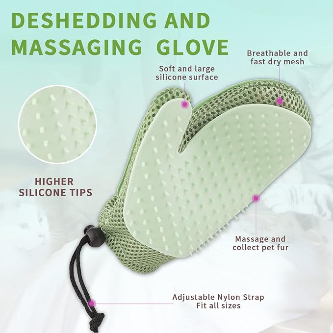 2 in 1 Pet Fur Glove & Cat Hair Remover Glove, Dog Grooming Glove Brush for Shedding, Massage, Efficient Pet Hair Remover Mitt for Couch, Carpet [Green/Single]