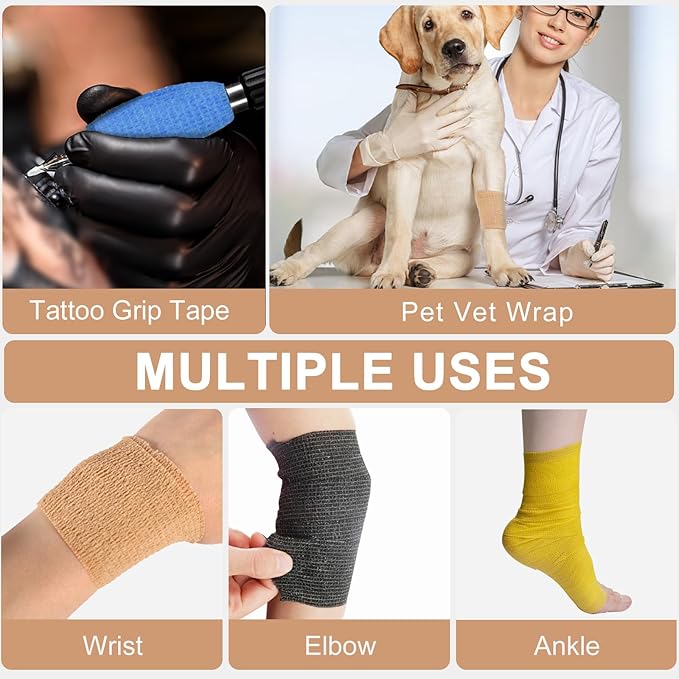 24 Pack Self Adhesive Bandage Wrap, 4” x 5 Yards Cohesive Medical Tape Elastic Wrap for Sports, Ankle, Wrist Sprains, Pet First Aid
