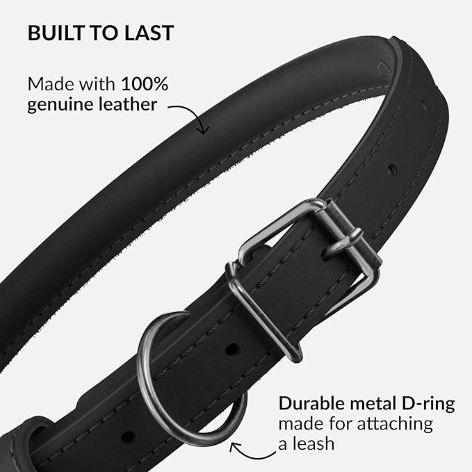 CollarDirect Rolled Leather Dog Collar, Soft Padded Round Puppy Collar, Handmade Genuine Leather Collar Dog Small Large Cat Collars 13 Colors (18-22 Inch, Black Smooth)