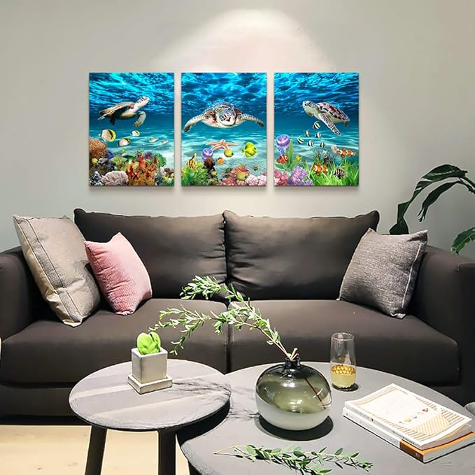 Canvas Wall Art for Living Room Large Size Wall decor for Bedroom Bathroom Wall Decoration blue Ocean Sea Turtle Paintings Modern shark Pictures Artwork office Decor Ready to Hang 16" x 24" 3 Piece