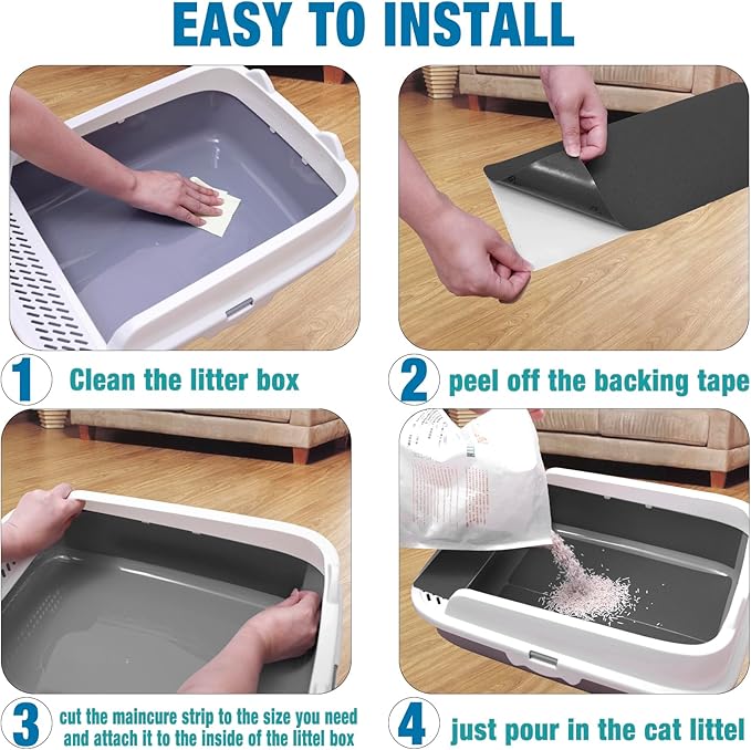 Cat Nail File Scratching Strips - 6 Pcs Cat Scratcher Liner for Litter Box, 3 Pairs Peel Stick Cat Strips in Different Sizes - Recommended for Litter Box Use (Black)