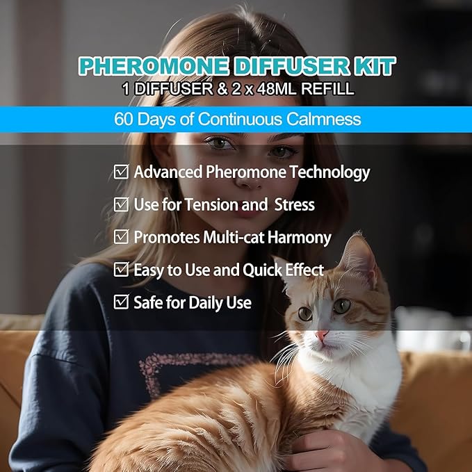 Cat Calming Diffuser, Cat Pheromones Calming Diffuser, Effectively Relieve Anxiety Stress Cat Diffuser Calming Multicat with 1 Diffuser + 2 Refill 48ml Last 60 Days Fits All Cats