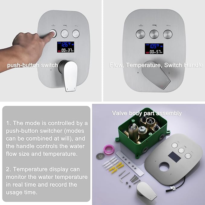 Brushed Nickel Shower System Set Temperature Display Push Button Shower Faucet with 12 inch and 8 inch Wall Mount Full Body Shower Head and Handheld Shower