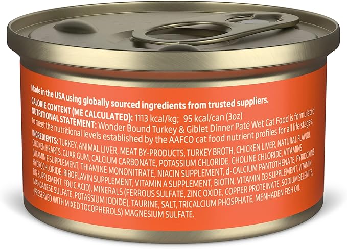 Amazon Brand - Wonder Bound Canned Wet Cat Food (Turkey & Giblet Dinner Paté), No Artificial Flavors, Adult Recipe, 3 Ounce (Pack of 24)
