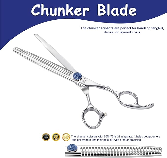 7'' Dog Grooming Scissors CNC 440C Blades Sharp and Durable Polished Chunker Dog Shears with Blue Diamond Adustable Screws Easy to Use for Groomer and Home User