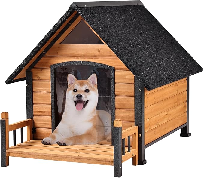 Dog House Outdoor with Anti-Chewing Iron Frame, Weatherproof Dog Kennel with Porch and Raised Feet for Small Medium Large Dogs Indoor (Brown, 45" x 32.9" x 32.6")