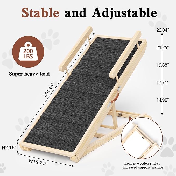 Dog Ramp for Bed, Couch, Car, Folding Pet Ramps 44.48" Long Adjustable 15"-22" Wooden Stairs with High Traction Mat & Safety Side Rails for Small & Medium Old Dogs & Cats, up to 200 lbs