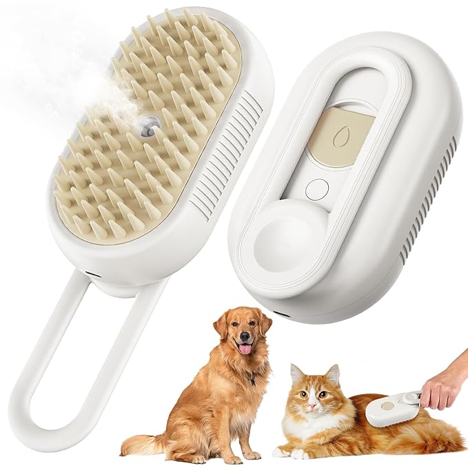 Cat Steam Brush for Shedding, 2025 New 3 in 1 Cat Brushes for Indoor Cats, Pet Steam Groomer Comb, Hair Water Brush Hair Removal Comb for Cats Dogs (White)