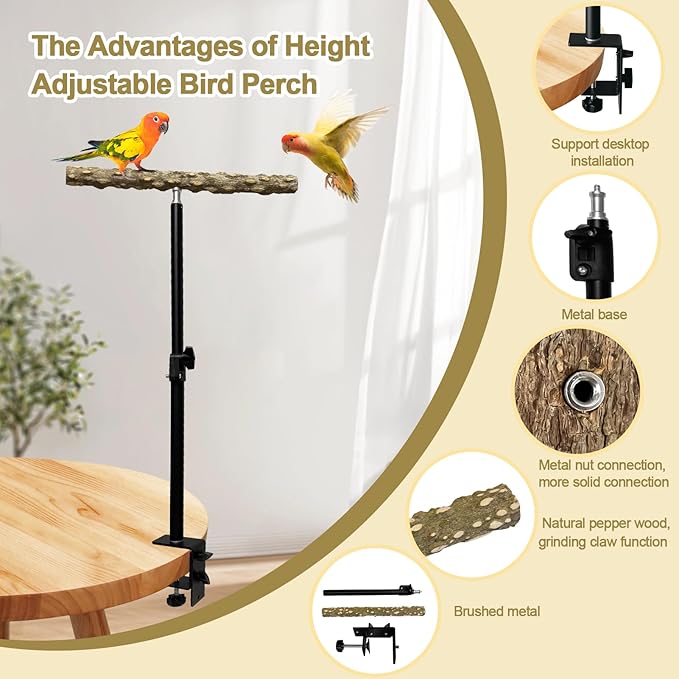 13-23 Inch Height Adjustable Desktop Bird Perch Pepper Wood Bird Training Perch Stand Parakeet Perches Indoor and Outdoor Parrot Stands for Small to Medium Bird