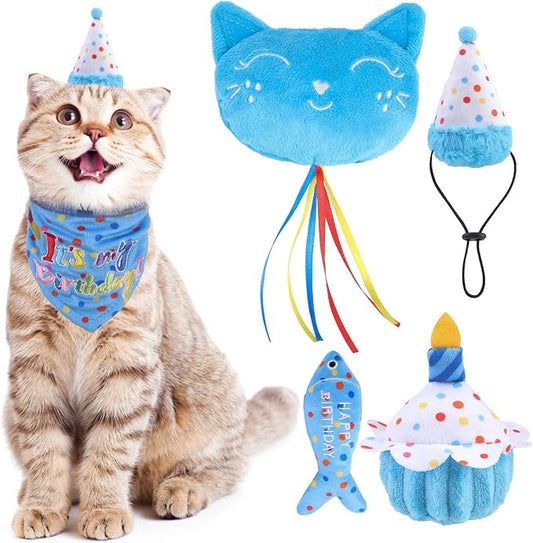 BINGPET Cat Birthday Catnip Toys for Indoor Cats,Cat Birthday Hat,Bandana and Cat Birthday Cake Interactive Plush Kitten Chew Toys,Cute Fish,Balloon Toys with Crinkle Paper and Catnip Inside(Sky Blue)