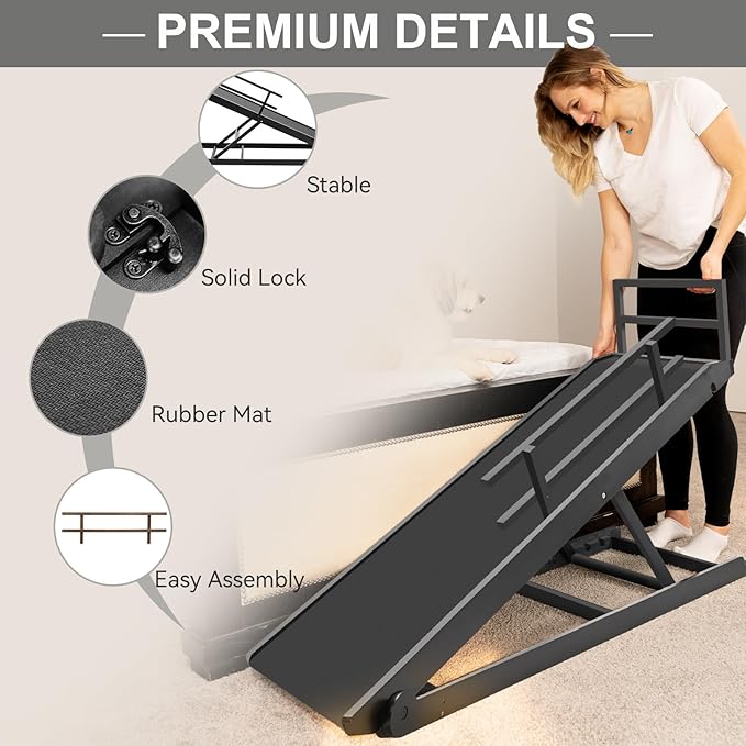 ABORON Folding Pet Ramp, 5-Level Adjustable Dog Ramp for Bed, Couch, SUV - High Traction Rubber Surface, Supports up to 200 lbs, 45.2" Long - Ideal for Small & Large Dogs & Cats,Black Finish
