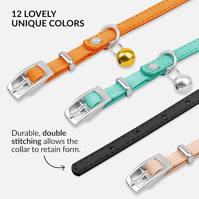 CollarDirect Leather Cat Collar with Bell - Kitten Collar, Small and Big Cat Strap for Boy Cats, Girl Cats with Safety Elastic Strap (Neck Fit 8"-11", Black)