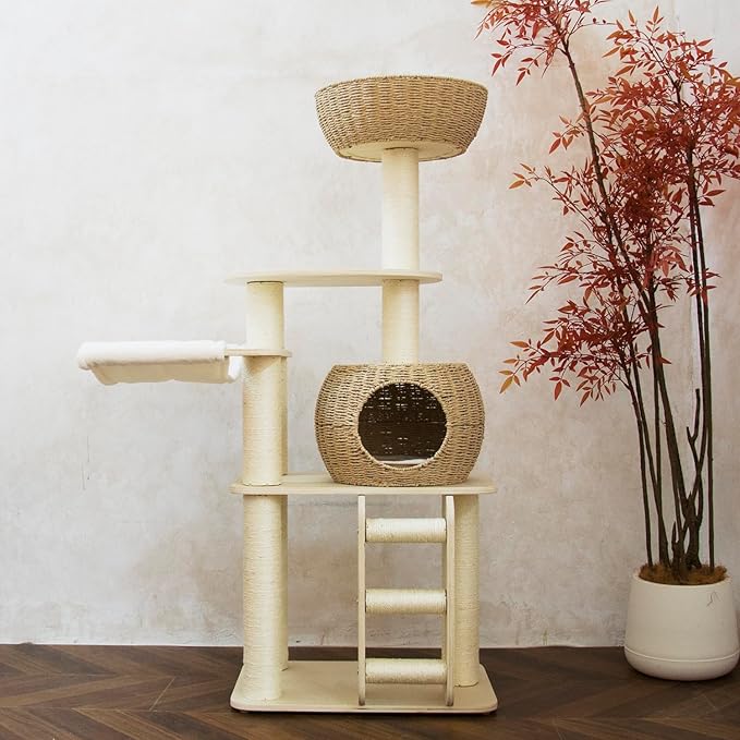 54 Inch Cat Tree for Indoor Cats, Tall Wooden Cat Tower with Scratching Posts, Rattan Condo and Perch, Multi-Level Cat Climber, Stylish Pet Furniture