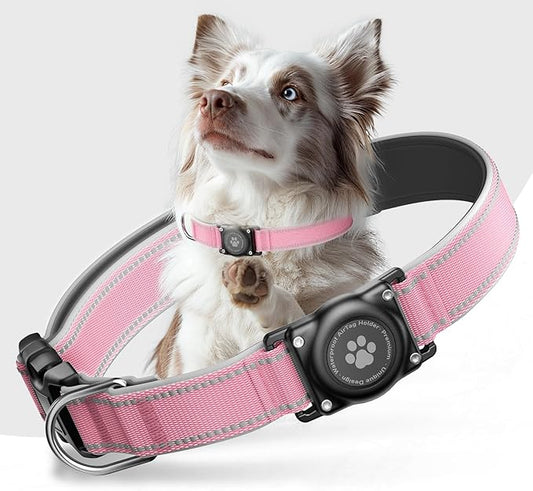 Airtag Dog Collar - 100% Waterproof Air tag Dog Collar Holder for Apple AirTag, Reflective, Soft Padded, Everlasting, GPS Dog Collar for Small Medium Large Dogs (Pink, L)