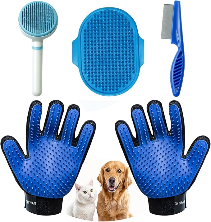4Piece Dog Grooming Brush Set with Grooming Gloves, Deshedding Comb & Massage Bath Brush - Multifunctional Pet Hair Removal Tools for Shedding, Bathing, Brushing (Blue)