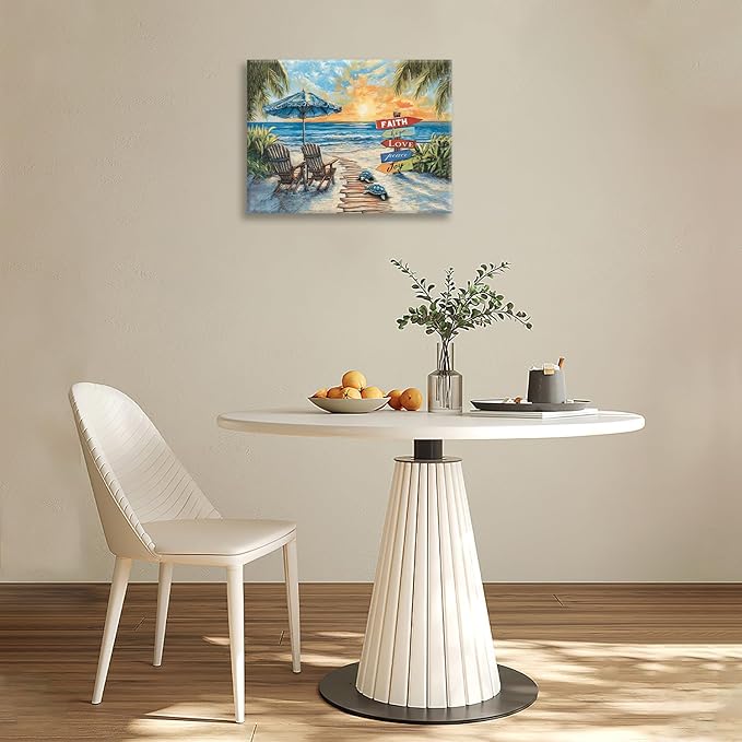 Beach Ocean Bathroom Pictures Wall Art, Seaside Coastal Bathroom Wall Decor, Sunrise Framed Painting Canvas Artwork for Bedroom Living Room Decorations 16"L x 12"W