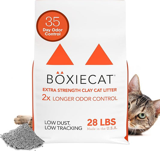 Boxie® Extra Strength 35 Day Odour Control Clumping Clay Cat & Kitty Litter 28lb, 99.9% Dust-Free, Probiotic Formula, Long-Lasting, Veterinarian Approved, Easy Scooping for Multi-Cat Homes