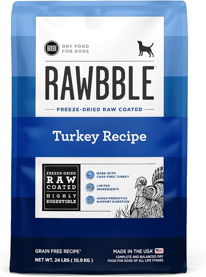BIXBI Rawbble Dry Dog Food, Turkey, 24 lbs - USA Made with Fresh Meat - No Meat Meal & No Corn, Soy or Wheat - Freeze Dried Raw Coated Dog Food - Minimally Processed for Superior Digestibility