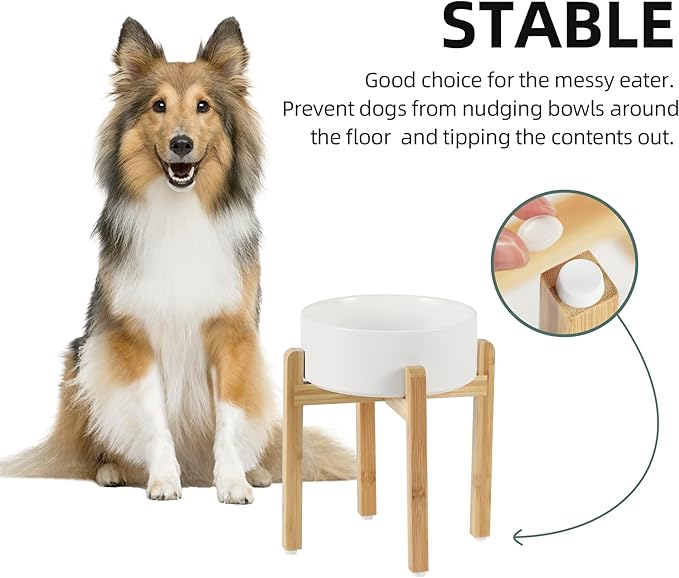 Ceramic Elevated Dog Bowl Set - Large Breed Dog Food and Water Bowl, Weighted Dishes (8.2'', 60OZ, White)