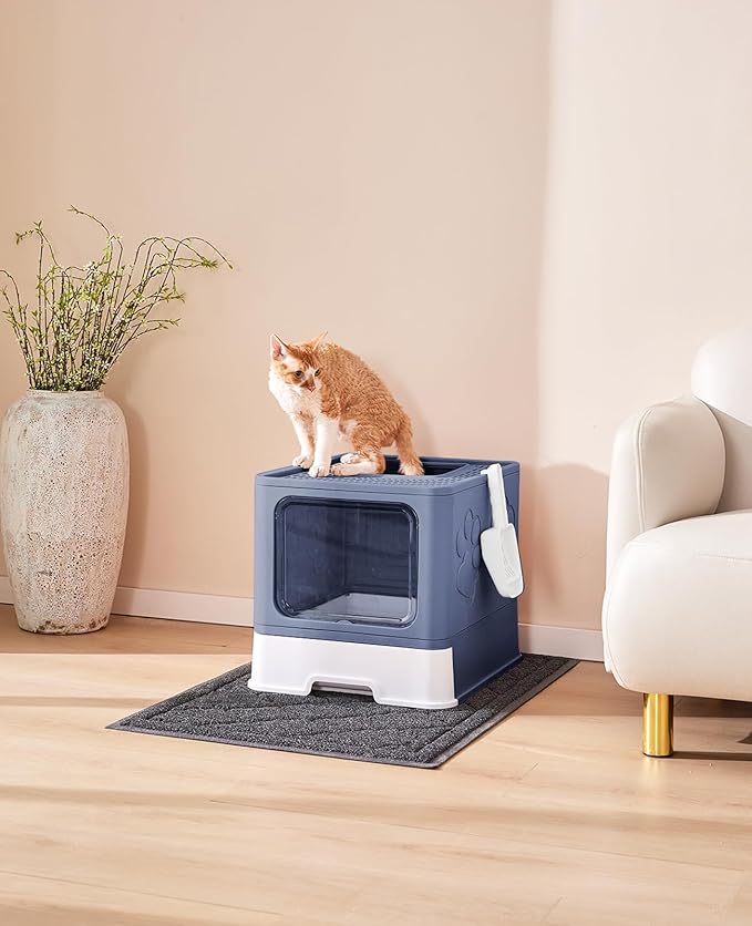Cat Litter Box with X-Large Litter Mat and Scoop, Large Foldable Litter Box with Lid, Enclosed Kitty Box,Front Top Entry Exit, Odor Control Easy to Clean (Upgrade Midnight)