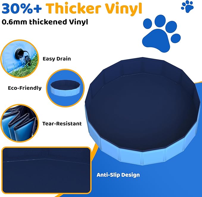 71" x 12" Foldable Dog Pool - Collapsible Hard Plastic Kiddie Pool for Dogs & Kids, Non-Slip Pet Bath Tub for Outdoor Backyard Use, Lightweight & Portable (Blue)