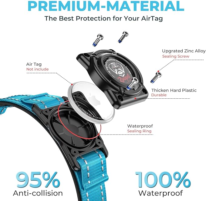 2025 Upgrade Airtag Dog Collar, Reflective Dog Collar with Airtag Holder, IP68 Waterproof| Metal Buckle| Ultra-Durable| Comfortable Padded, GPS Dog Collars for Medium Large Dogs (Blue,L)