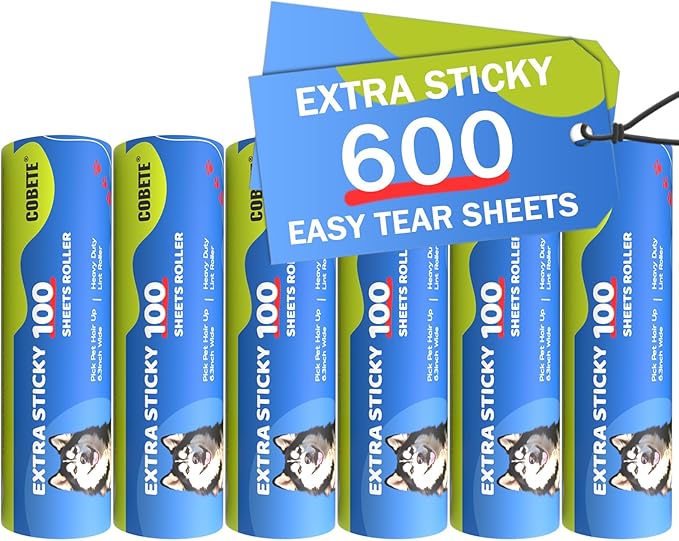 COBETE 6 Rollers Total 600 Sheets Extra Sticky Lint Roller Refills, for 6.3" Dog and Cat Lint Remover for Clothes, Couch, Furniture